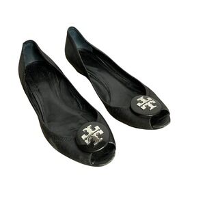 Tory Burch Black Leather Peep‎ Toe Flats Women's Size 8 Logo Medallion Ballet
